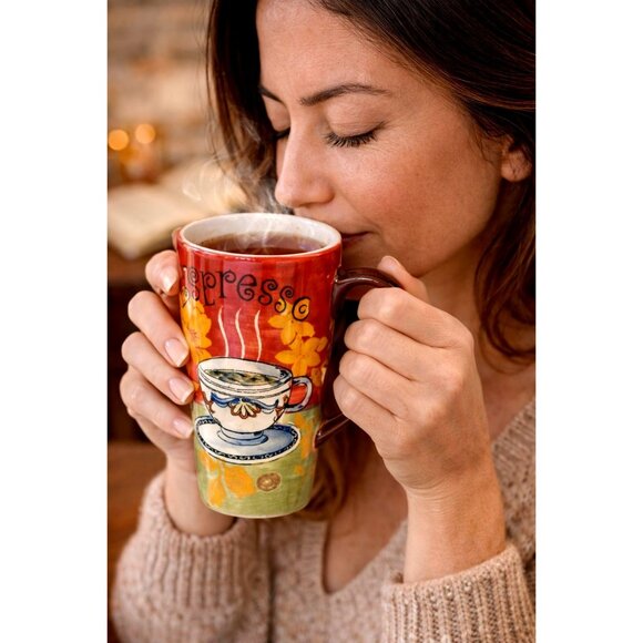 Espresso Other - Espresso Hand Painted Floral Cafe Art Tumbler Mug Warm Cottage Kitchen Decor Red